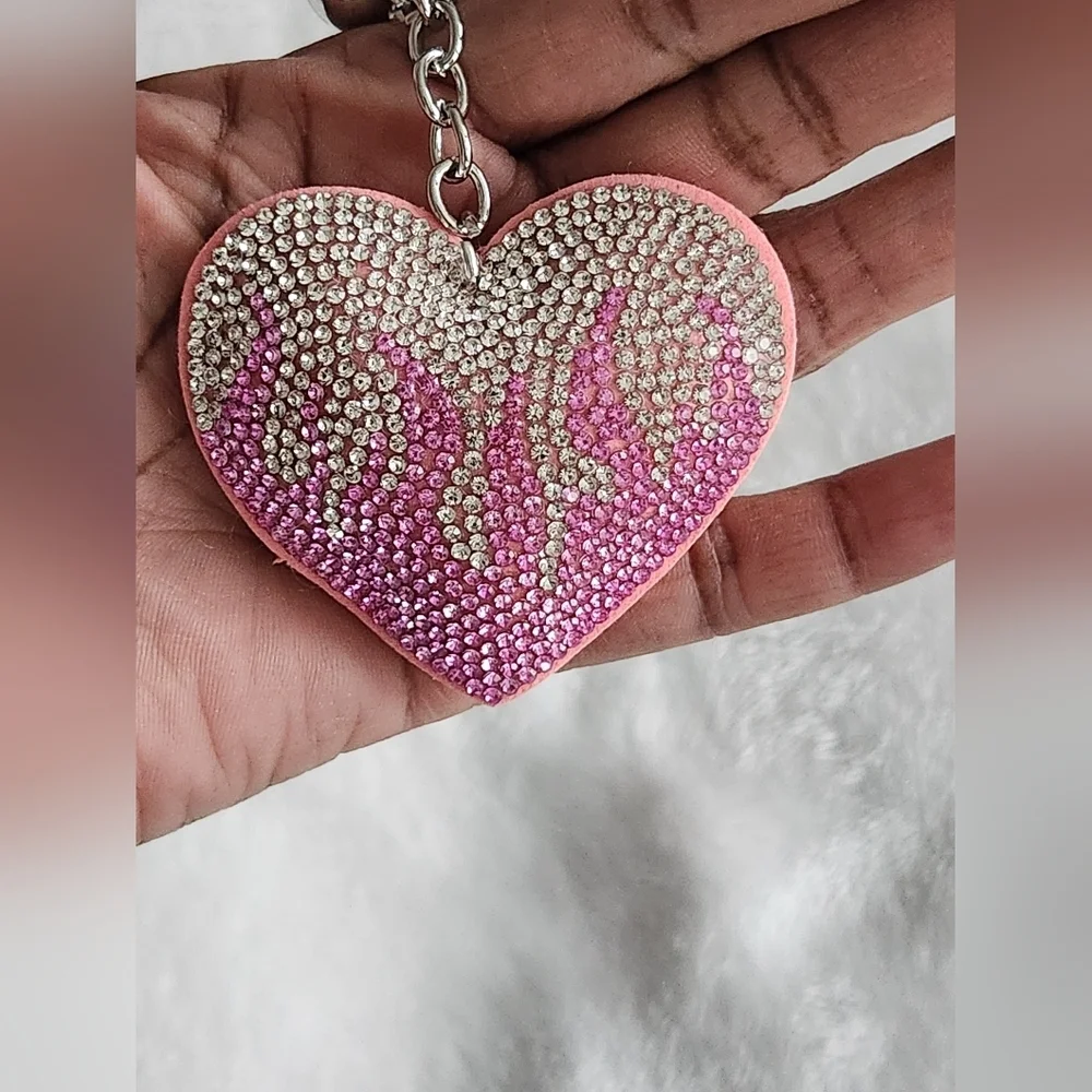 Pink and Silver Flaming Heart Rhinestone Keychain Bag Charm